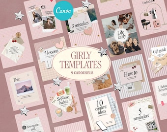 Girly Canva Instagram Carousel Templates | Aesthetic Pink Content Creator Posts | Coquette Social Media Templates for Bloggers & Influencers
