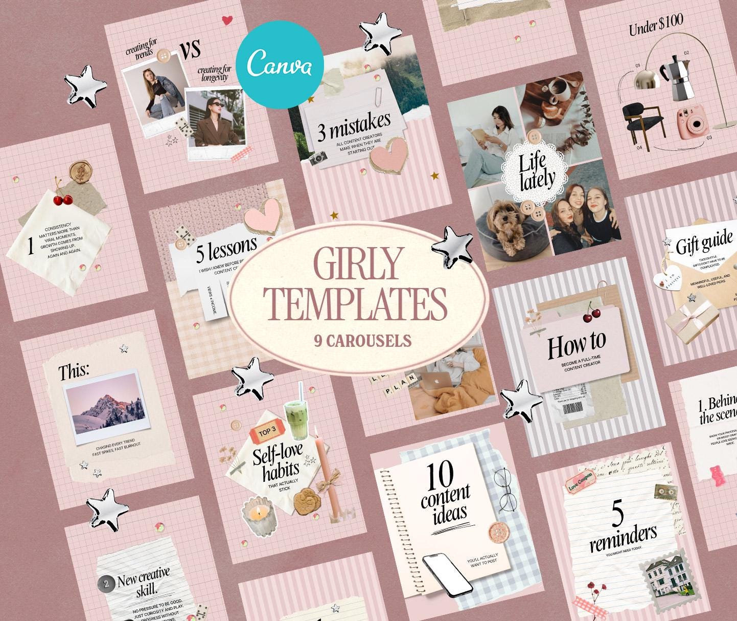 Girly Canva Instagram Carousel Templates | Aesthetic Pink Content ...