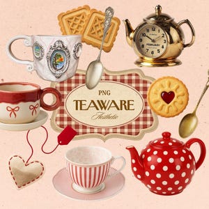 Puede incluir: Una colección de artículos de té, que incluye un reloj de tetera dorado, una tetera roja con lunares, tazas, cucharas y galletas. La imagen presenta una bolsita de té en forma de corazón y un letrero que dice "TEAWare Aesthetic".