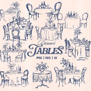 Puede incluir: Ilustraciones en blanco y azul de mesas de comedor, adornadas con botellas de vino, copas y arreglos florales. El texto "Dinner Tables" se muestra en una fuente decorativa, con "PNG | SVG | AI" debajo.