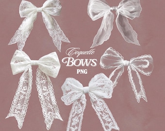 Romantic Coquette Lace Bow Clipart Pack – 6 Vintage White PNG Bows for Scrapbooking, Stickers, Journaling & Girly Digital Baroque Wedding