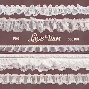 Pode incluir: Vários designs de acabamentos de renda branca são exibidos em um fundo marrom. Os acabamentos variam em estilo, incluindo bordas franzidas, florais e com vieiras. O texto "Lace Trim" é visível em uma fonte decorativa, junto com "PNG" e "300 DPI".