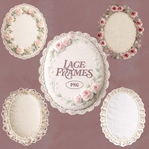 Peut inclure: Plusieurs cadres ovales en dentelle avec des ornements floraux et perles. Les cadres présentent des bords en dentelle délicats et sont ornés de roses roses et d'autres fleurs. Le texte "Lace Frames PNG" est visible.