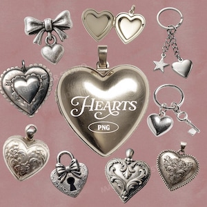 May include: A collection of silver-toned heart-shaped pendants, lockets, and keychains. Some feature intricate designs, bows, or the word "Hearts". The items are displayed on a pink background.