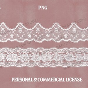 May include: Two white lace trims with floral and scalloped designs are displayed against a muted pink background. The top trim has a scalloped edge with floral details, while the bottom trim features larger flower patterns. The image also includes the text "high res", "PNG", "300 DPI", and "PERSONAL & COMMERCIAL LICENSE".