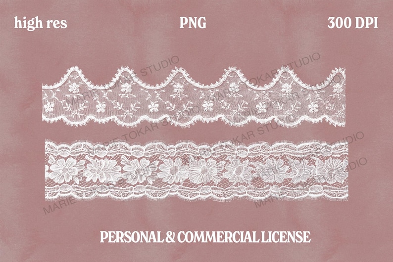 May include: Two white lace trims with floral and scalloped designs are displayed against a muted pink background. The top trim has a scalloped edge with floral details, while the bottom trim features larger flower patterns. The image also includes the text "high res", "PNG", "300 DPI", and "PERSONAL & COMMERCIAL LICENSE".