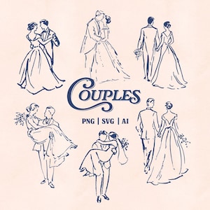 以下が含まれることがあります： ロマンチックなポーズをとるカップルのネイビーブルーの線画イラスト。 「COUPLES」の文字が装飾的なフォントで書かれています。 画像には、PNG、SVG、AIのファイルタイプも含まれています。