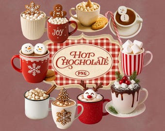 Christmas Cocoa PNGs | Hot Chocolate Mugs with Marshmallows, Cookies, Candy Cane, Festive Drink Clipart for Stickers, Sublimation, Decor
