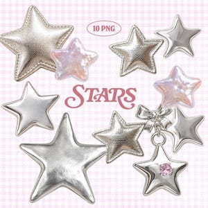 May include: A collection of star-shaped decorations in silver, pearlescent, and metallic finishes. Some stars have a stitched look, others are smooth. The word "STARS" is written in a pink, cursive font. The image also includes the text "10 PNG".