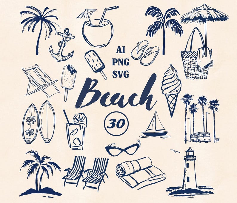 110 Summer Line Art Clipart Bundle SVG PNG AI Italian Coastal ...