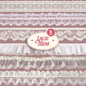 Puede incluir: Una colección de seis diseños diferentes de adornos de encaje en varios estilos y colores. Los adornos incluyen delicados patrones florales, bordes con volantes y telas transparentes. La imagen incluye un óvalo rosa con el texto "Lace Trim".