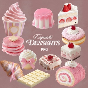 Puede incluir: Una colección de varios postres, que incluye un remolino de helado suave rosa en una taza a rayas, una rebanada de pastel de fresa y una rosquilla glaseada rosa con una cereza encima. La imagen también presenta panqueques, un cruasán y una barra de chocolate blanco.