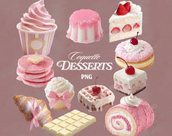 11 Coquette Sweets PNGs, Strawberry Cake Clipart, Pastry, Bakery Desserts, Kawaii Food Graphics for Digital Collage, Stickers, Invitations