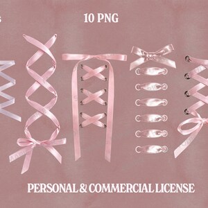 Pu&ograve; includere: Una collezione di design con nastri rosa e bianchi, tra cui fiocchi e motivi allacciati. L'immagine include il testo "high res", "10 PNG" e "300 DPI". Lo sfondo &egrave; rosa tenue.
