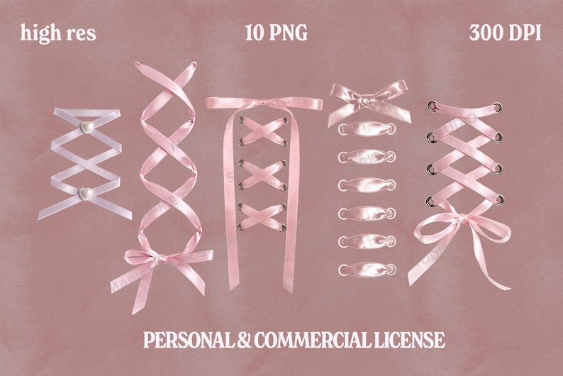 Pu&ograve; includere: Una collezione di design con nastri rosa e bianchi, tra cui fiocchi e motivi allacciati. L'immagine include il testo "high res", "10 PNG" e "300 DPI". Lo sfondo &egrave; rosa tenue.