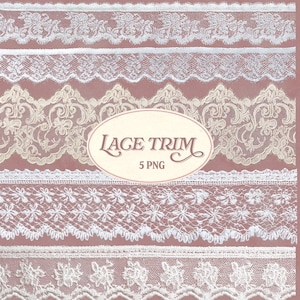 Puede incluir: Una variedad de bordes de encaje blanco con diversos patrones florales y geométricos. La imagen presenta cinco diseños de encaje diferentes, con el texto "Lace Trim 5 PNG" en el centro. El fondo es de color rosa apagado.