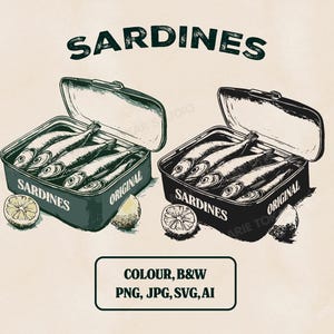 Vintage Sardines In A Can Vector Illustration, Fish Clipart, Color, B&W, png, jpg, svg, Vector Digital Seafood Art Prints, Coastal Decor