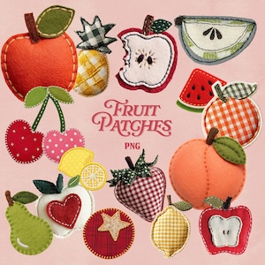 Puede incluir: Una colección de parches de tela con forma de fruta que incluye una manzana naranja, una piña, una manzana mordida, una rodaja de manzana, un trozo de sandía, cerezas, una naranja, una pera, una manzana en forma de corazón, una fresa, limones y un círculo con estrellas.
