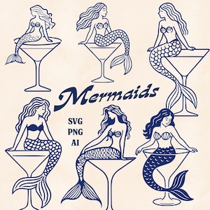 May include: Navy blue line art illustration featuring six mermaids perched on martini glasses. The word "Mermaids" is written in a stylized font. Below the word are the letters "SVG", "PNG", and "AI".