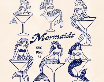 6 Meerjungfrau Clipart in Martini Cocktailglas PNG SVG & AI Dateien für Sublimation, Strandparty Dekor, Cricut Handwerk oder Sommer Küstenaufkleber