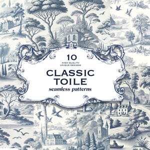DOWNLOAD INSTANTÂNEO, 10 Padrões Clássicos de Toile Francês Sem Costura – Desenhos de Paisagens Vintage em JPG de Alta Qualidade para Tecido, Papel de Parede, Artesanato