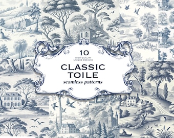 INSTANT DOWNLOAD, 10 Classic French Toile Seamless Patterns – Vintage Landscape Designs in High-Quality JPG for Fabric, Wallpaper, Craft