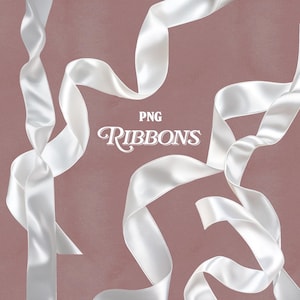 Pode incluir: Laços de cetim brancos em várias formas fluidas contra um fundo rosa-púrpura suave. A imagem inclui o texto "PNG Ribbons" em uma fonte decorativa, sugerindo um recurso digital para projetos de design ou artesanato.