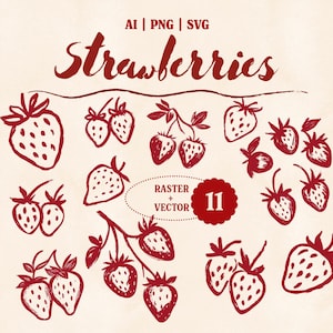 Lot de 11 cliparts lunatiques dessin au trait fraise de 11 illustrations de fruits rouges rustiques dessinés à la main pour les étiquettes, décoration de cuisine, fichiers PNG SVG & AI