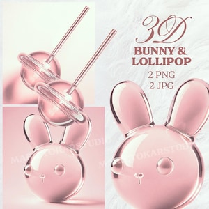 Clipart brillant 3D Kawaii lapin et sucette - Images PNG et JPG roses de haute qualité pour l'art numérique, le scrapbooking, les travaux manuels, les projets de bricolage