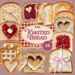 Puede incluir: Una variedad de rebanadas de pan tostado, algunas con cortes en forma de corazón y otras adornadas con mermelada y mantequilla. Algunas rebanadas están atadas con cintas rosas. Incluye el texto "PNG Toasted Bread 15".