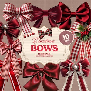 May include: Ten red and white Christmas bows in various styles, including plaid, striped, and solid red. The bows are arranged on a brown background with a sign that reads "Christmas Bows, Personal & Commercial Use".