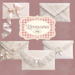 May include: An assortment of decorative envelopes in a vintage style. The envelopes are adorned with lace, ribbons, and floral patterns. The image includes a sign that says "Envelopes PNG". The colour scheme is soft, featuring white, cream, and pink hues.