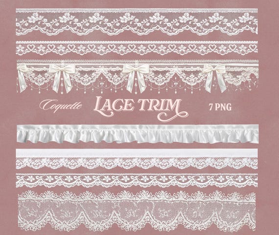Coquette Lace Trim PNG Set, Vintage White Lace Borders, Romantic Lace Ribbon Clipart, Wedding Scrapbook Invitation Decor, Digital Download