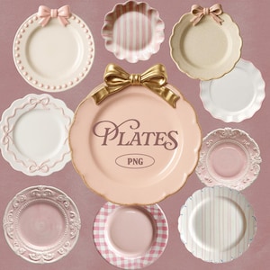 May include: A selection of decorative plates in shades of pink, cream, and white. Some plates have bows, scalloped edges, and patterned details. The central plate displays the word "PLATES" and "PNG".