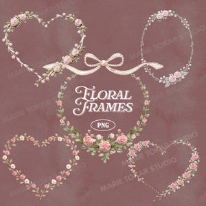 May include: A collection of floral frames in various shapes, including hearts and an oval, adorned with pink roses and green leaves. A central frame features the text "FLORAL FRAMES" and "PNG". The frames are set against a muted, reddish-brown background.