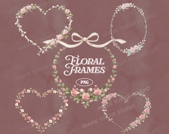 Floral Frames PNG Bundle, Rose Flower Wreaths Clipart, Vintage Romantic Heart Frames, Wedding Floral Borders, Digital Download for Canva
