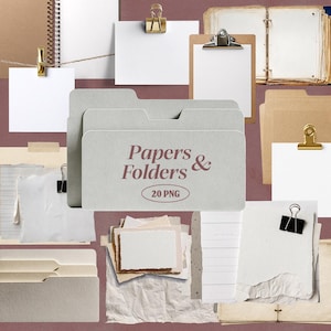 Peut inclure: Une composition de fournitures de bureau, comprenant des dossiers, des blocs-notes et des trombones, disposés sur un fond texturé. L'accent est mis sur un dossier gris clair intitulé "Papers & Folders" avec "20 PNG" en dessous. Diverses textures et couleurs de papier sont visibles.