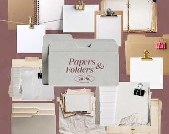 May include: An assortment of stationery items, including folders, notepads, and paper clips, arranged on a textured background. The central focus is on a light gray folder labeled "Papers & Folders" with "20 PNG" below. Various paper textures and colors are visible.