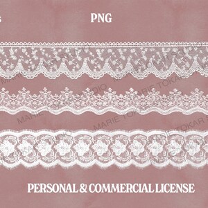 May include: Three white lace trims with intricate floral and scalloped designs are displayed against a muted pink background. The top trim has a floral pattern, the middle trim has a detailed design, and the bottom trim features a repeating floral motif. The image includes the text "high res", "PNG", and "300 DPI".