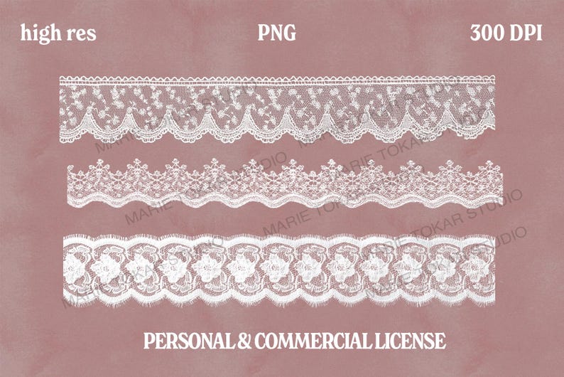 May include: Three white lace trims with intricate floral and scalloped designs are displayed against a muted pink background. The top trim has a floral pattern, the middle trim has a detailed design, and the bottom trim features a repeating floral motif. The image includes the text "high res", "PNG", and "300 DPI".