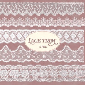 Könnte beinhalten: Fünf verschiedene Designs für weiße Spitzenborten mit floralen und geometrischen Mustern. Jede Borte hat einen einzigartigen gewellten Rand und filigrane Details. Der Text "Lace Trim 5 PNG" ist in einem ovalen Rahmen dargestellt.