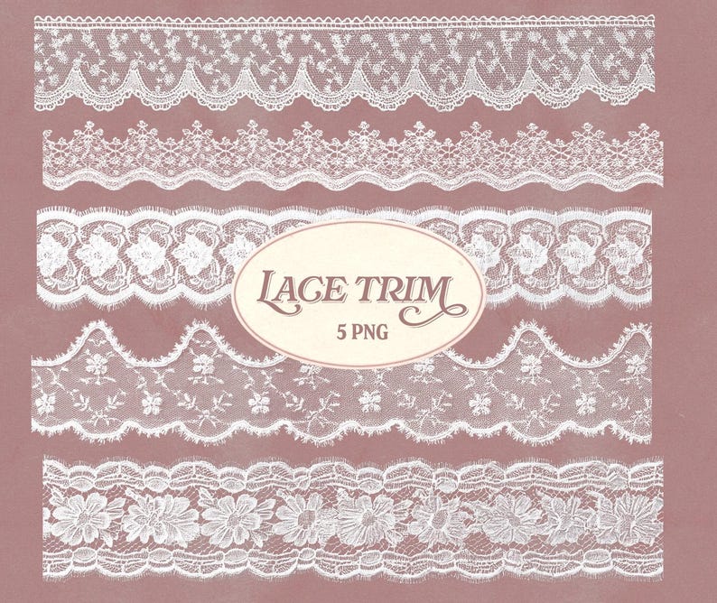 May include: White lace trim designs in various floral and geometric patterns. The image features five different lace trims, each with unique scalloped edges and delicate details. The text "Lace Trim 5 PNG" is displayed in an oval.