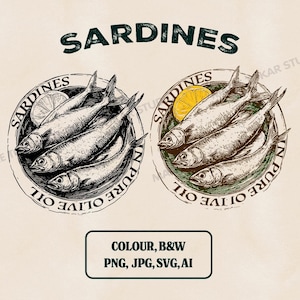 Vintage Sardines On A Plate Vector Illustration, Fish Clipart, Color, B&W, png, jpg, svg, Vector Digital Seafood Art Prints, Coastal Decor