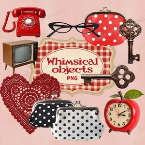 May include: A collection of whimsical objects, including a red rotary phone, a vintage TV, heart-shaped doily, polka dot coin purses, and a red apple clock. The image also features keys, glasses, and a red and white polka dot coin purse.