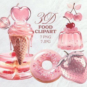 Y2K Carino Kawaii 3D Cibo Clipart – 7 Disegni Lucidi e Brillanti Tra Cui Fragola, Ciambella, Gelato, Ciliegia, Gelatina Dessert in PNG e JPG
