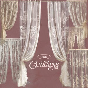 May include: Various styles of sheer lace curtains in cream and white, displayed against a maroon background. The curtains feature floral patterns and decorative edges. The word "Curtains" is written in a cursive font.