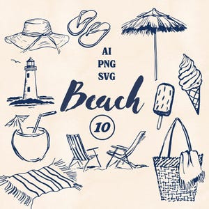May include: A collection of hand-drawn beach-themed illustrations in navy blue. The image includes a sun hat, flip-flops, a lighthouse, a beach umbrella, ice cream, a cocktail, beach chairs, a beach bag, and a beach towel. The word "Beach" is written in cursive.