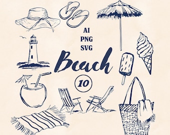 Ilustraciones de arte lineal de playa de verano: 10 archivos SVG y PNG dibujados a mano / Clipart costero caprichoso con sombrero, helado, faro, mar y océano