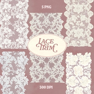 Könnte beinhalten: Eine Auswahl an weißen Spitzenborten mit floralen und filigranen Mustern. Das Bild enthält den Text "Lace Trim", "5 PNG" und "300 DPI" auf einem mauvefarbenen Hintergrund. Die Spitzenmuster variieren in Stil und Breite, ideal für Bastelprojekte.
