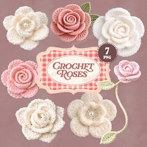 Puede incluir: Una colecci&oacute;n de siete rosas de ganchillo en varios tonos de blanco y rosa, con hojas verdes. La imagen incluye un letrero que dice "Crochet Roses". Algunas rosas tienen detalles de perlas. El fondo es malva apagado.